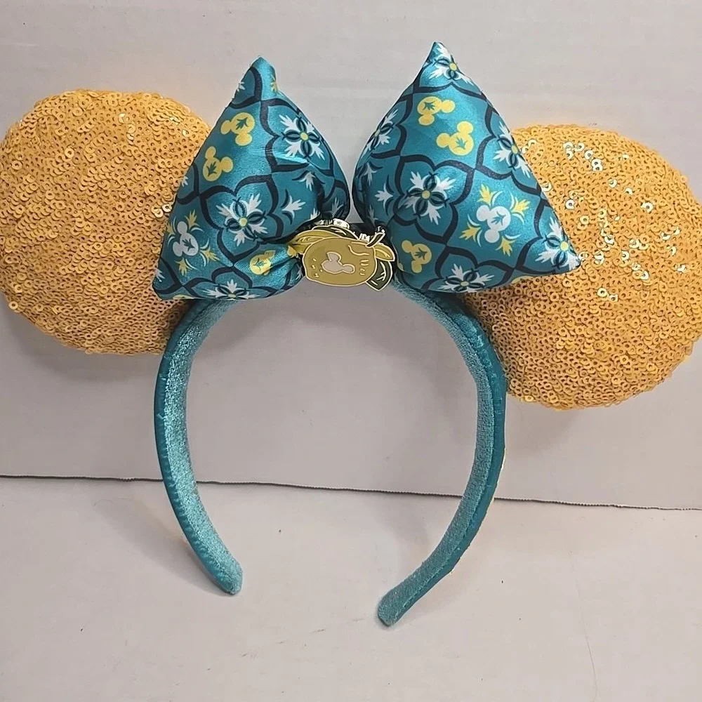 Disney Parks Minnie Mouse Ears Headband | Teal‎ Jeweled Sequin Bow | Apple Charm